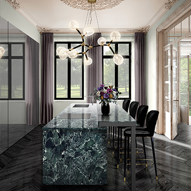 DALYAN COUNTER STOOL, HORUS IRREGULAR SUSPENSION LIGHT